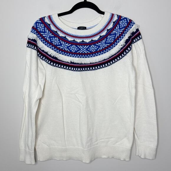 Talbots Nordic Fair Isle Cream Crewneck Lambswool Blend Sweater Large Fringe Ski - Picture 1 of 6